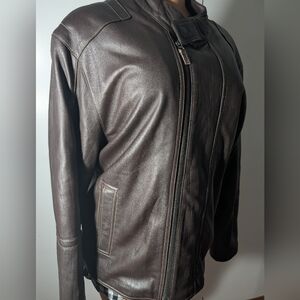 Max USA Men's Brown Leather Zip-Front Racer Button Jacket Size M
